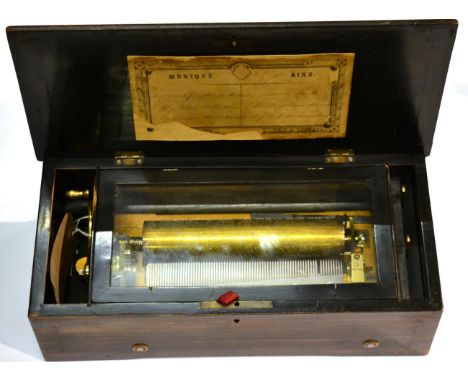 A 19th century inlaid rosewood music box playing airs, with tune sheet to inside of cover 