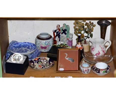 A shelf of mixed 19th century porcelain, etc