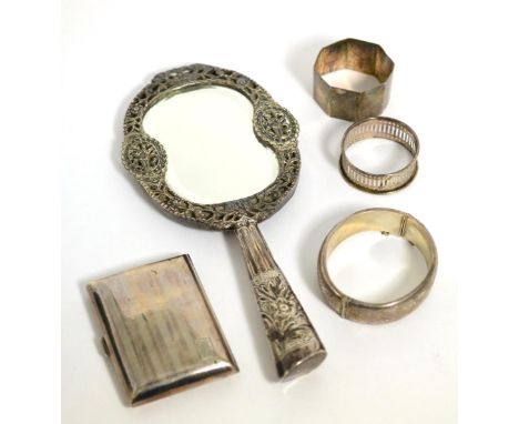 A group of silver to include mirror; cigarette case; napkin rings etc 