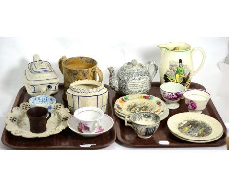 A group of English 19th century ceramics including: a creamware Tarleton commemorative jug; nursery plates; saltglazed plate;