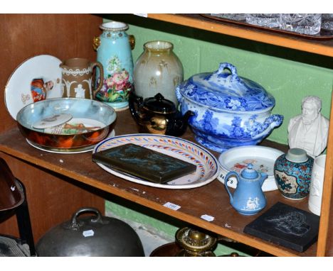 Assorted ceramics to include: a Spode soup tureen and cover (crack); a lustre ware tobacco jar; a bust of Dickens after John 