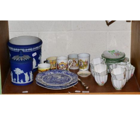 Adams Jasperware planter, Wedgwood jar and cover, tea set, Spode plates etc 