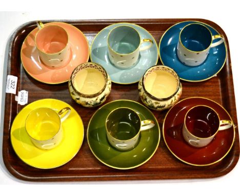 Susie Cooper coffee cans and saucers, with original box; together with a pair of small Zsolnay Pecs vases (8) 