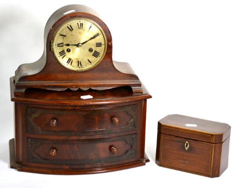 A 19th century tea caddy, a mahogany two drawer chest (from a dressing table), and a mantel clock (3)