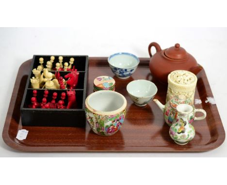 Yixing teapot, a late 19th century ivory chess set, and ivory box, circa 1900, and famille rose/canton pots 