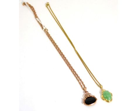 A 9 carat gold malachite and onxy swivel fob on chain and a jade pendant on chain (2)22.0g gross