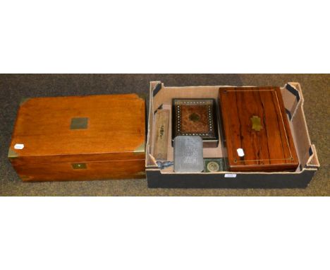 A 19th century brass and mother of pearl inlaid burr walnut jewellery box; a brass inlaid rosewood writing slope of similar d