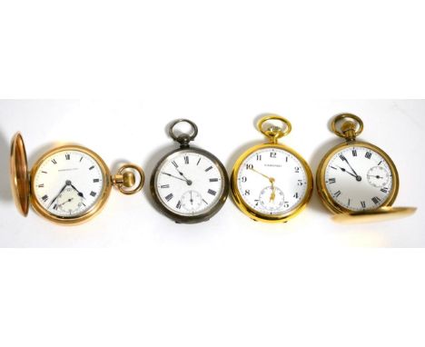 Two gold plated full hunter pocket watches, a silver pocket watch and a gold filled Garrard pocket watch, case back with pres