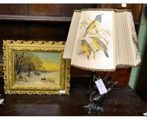A late 19th century oil on board of Roe deer in a winter scene at the side of a wood in a gilt frame, 43cm by 35cm, a bronzed
