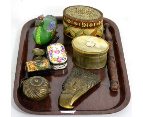 A group of collectables including snuff box, prisoner of war straw box, lime holder etc 