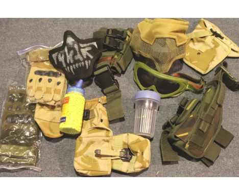 Airsoft accessories; including webbing, masks, BBs, gloves etc, some unopened. P&amp;P Group 3 (£25+VAT for the first lot and