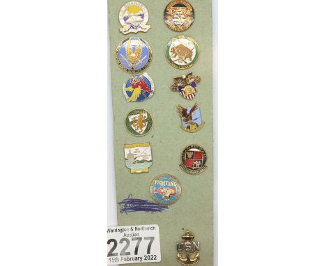 Eleven enamelled US Naval ship badges. P&amp;P Group 1 (£14+VAT for the first lot and £1+VAT for subsequent lots) 