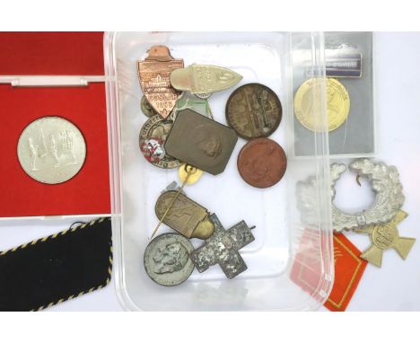 Ten assorted 1920-1950s German GAO and Rally badges, tags etc, together with WWII and later cloth patches, medals etc. P&amp;