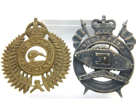 Australia 1st Division Armoured Corps cap badge and a New Zealand Regiment cap badge. P&amp;P Group 1 (£14+VAT for the first 