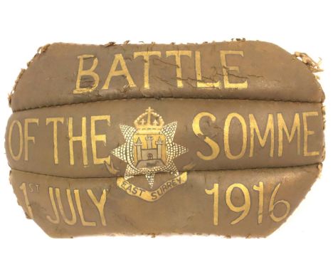 Vintage leather football fragment dedicated to the East Surrey Regiment, Battle of the Somme 1st July 1916. P&amp;P Group 1 (