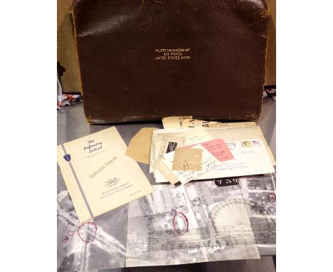 USAF brown leather navigation kit bag containing a selection of American Air Force related ephemera and photographs. P&amp;P 