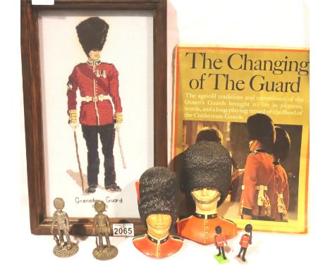 The Grenadier Guards, two Bossons plaster wall masks, four figures, embroidered picture and commemorative magazines. P&amp;P 