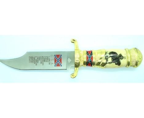 Modern South American hunting knife with brass grip and enamelled decoration. P&amp;P Group 2 (£18+VAT for the first lot and 