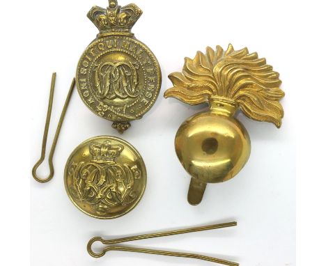 Victorian Grenadiers pillar box hat bade together with a further Victorian helmet badge and button. P&amp;P Group 1 (£14+VAT 