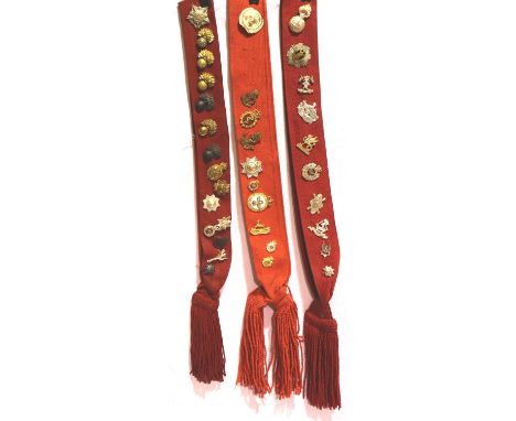 Three Parade sashes mounted with thirty mixed cap badges. P&amp;P Group 1 (£14+VAT for the first lot and £1+VAT for subsequen
