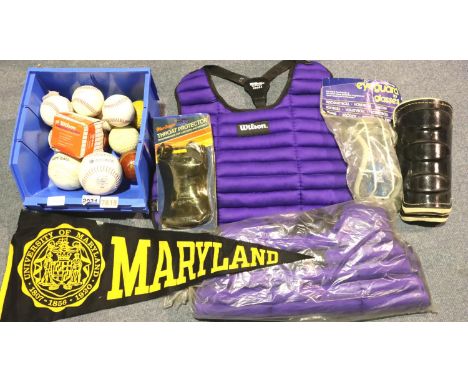 Twelve mixed cricket balls, baseballs and softballs, some unused, together with Wilson pads. P&amp;P Group 2 (£18+VAT for the