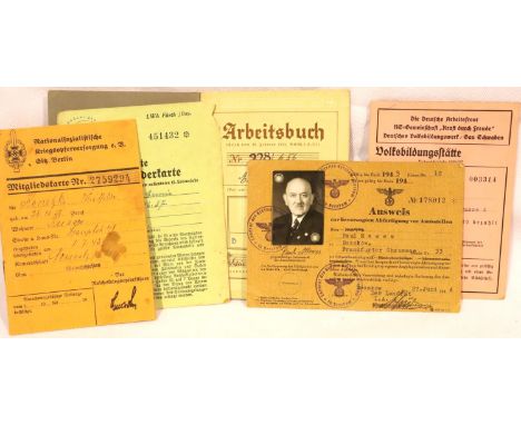Five WWII period German documents including Arbeitsbuch, Ausweis etc. P&amp;P Group 1 (£14+VAT for the first lot and £1+VAT f