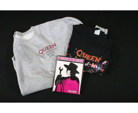Memorabilia - Queen European Tour 1984 sweatshirt (M), Queen The Magic Tour t-shirt (M), and a copy of John Lennon A Spaniard
