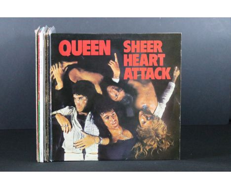 Vinyl - 8 Queen LPs to include Jazz (with poster attached) Vg/Vg+, Sheer Heart Attack x 2 (one Vg+, one G), Queen Vg/Vg+, Que