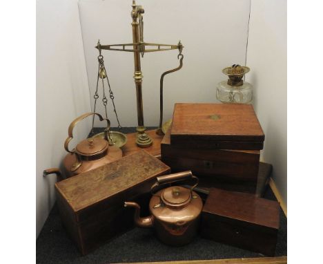 A large brass balance on mahogany base, together with two copper kettles, an oil lamp, Georgian tea caddy, together with thre
