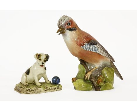 Eileen Soper, a Royal Worcester Jay, 16cm high, restored, and a puppy and a ball, 8cm high (2)