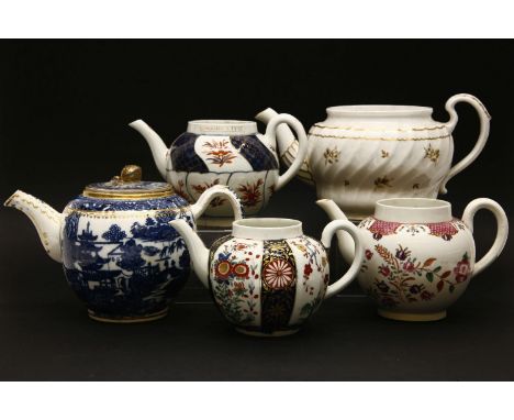 Three 18th century Worcester teapots, an early 19th century teapot, no covers, and a Caughley blue and white tea pot and cove