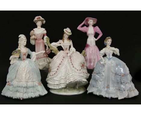 Five porcelain lady figures, including Coalport and Royal Worcester examples