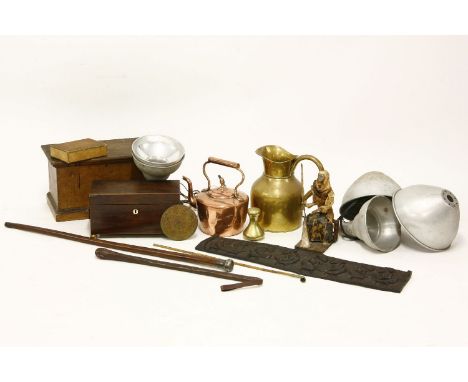 A collection of copper and brass jugs, a rosewood tea caddy, walking stick, etc