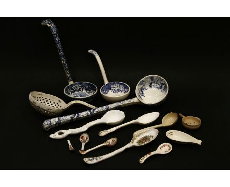 Ceramic cutlery, three blue and white ladles and ten further including cod liver oil cream, R Thomson, Chemist, Elgin,Part of
