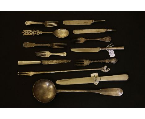 Silver cutlery, miscellaneous continental ladle, long modern pickle fork, etc,Part of the Bill Brown collection of cutlery