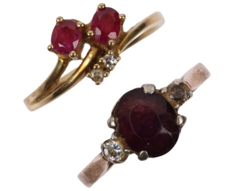 2 x 9ct gold gem set rings, comprising 9ct ruby and diamond crossover, size I, 1.3g, and unmarked amethyst and cubic zirconia