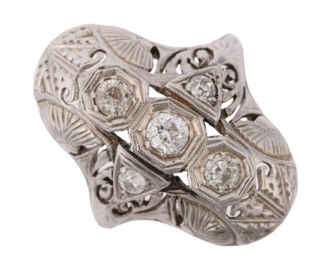 An Art Deco style 18ct white gold diamond panel cocktail ring, set with old European-cut diamonds and pierced decoration, set