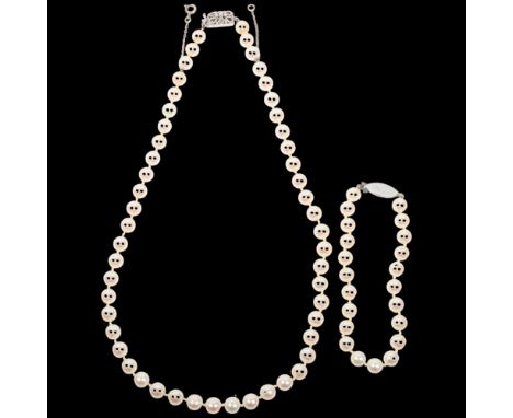A Vintage single-strand cultured pearl bead necklace, with 14ct white gold clasp, maker's mark I, 40cm, and a similar bracele
