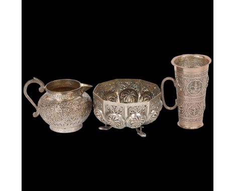 3 pieces of Indian silver, including novelty double-ended cocktail spirit jigger, cream jug, etc, jigger 9cm, 7oz total (3) C