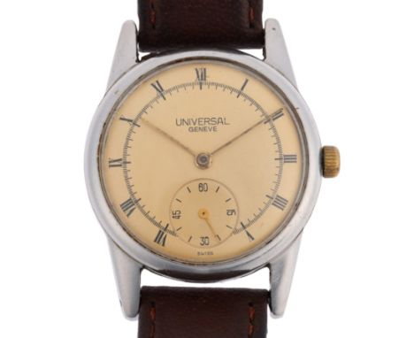 UNIVERSAL GENEVE - a Vintage stainless steel mechanical wristwatch, ref. 212202, circa 1945, silvered dial with Roman numeral