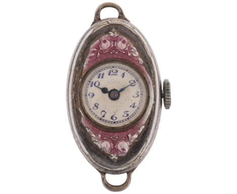 A lady's Art Deco sterling silver and enamel mechanical cocktail watch head, by Pery Watch Co, circa 1930s, silvered dial wit