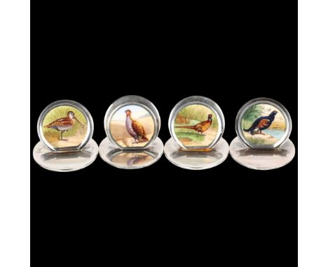 A Fine set of 4 Edwardian silver and enamel 'Game Bird' menu card holders, Sampson Mordan &amp; Co Ltd, Chester 1904, hand pa