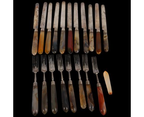 A group of 19th century lace agate handled silver plated dessert cutlery, comprising 8 forks, 11 knives and 1 spare handle, a