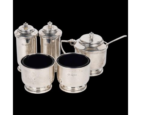 An Art Deco George VI silver 5-piece cruet set, Alexander Clark &amp; Co Ltd, Birmingham 1937, comprising mustard pot, pair o