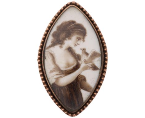 A Georgian navette miniature portrait mourning pendant, circa 1800, central miniature sepia watercolour on ivory panel depict