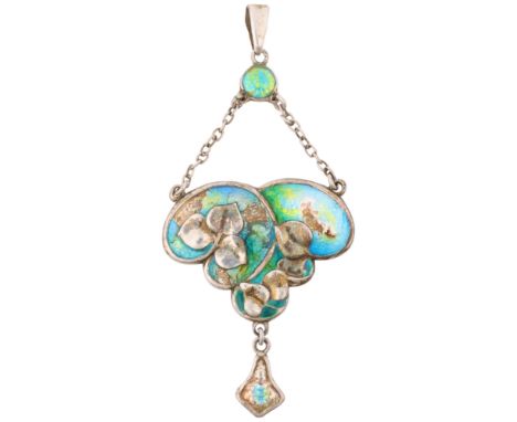 CHARLES HORNER - an Art Nouveau silver and peacock enamel floral lavalier pendant, maker CH, possibly Chester 1909, 69.6mm, 6