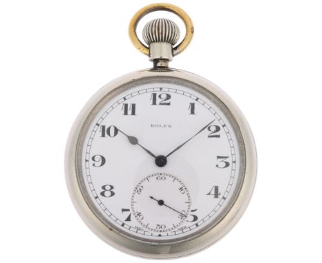 ROLEX - an early 20th century nickel-cased open-face keyless pocket watch, circa 1940s, white enamel dial with black Arabic n