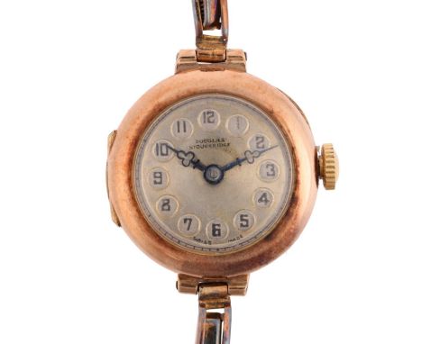 A lady's 9ct rose gold mechanical bracelet watch, by Douglas of Stourbridge, silvered dial with Arabic numerals, blued steel 