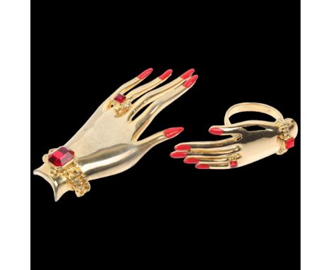 BUTLER &amp; WILSON - a Vintage gilt-metal and red rhinestone hand matching brooch and ring set, size approx U, brooch 89.1mm