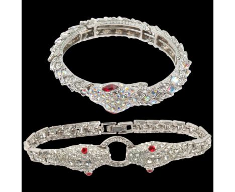 BUTLER &amp; WILSON - a Vintage chrome plated rhinestone snake bangle and bracelet, internal circumference approx 18cm (2) Co